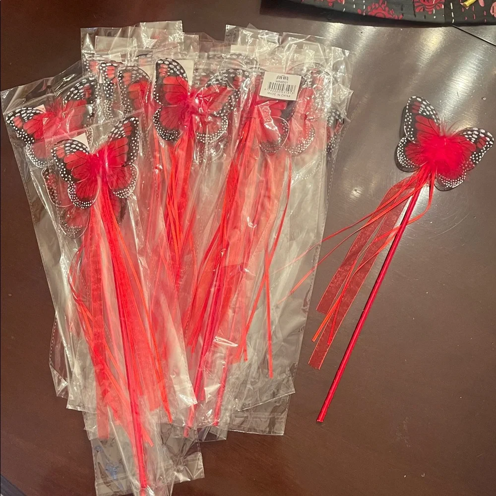 Red butterfly Fairy Wand Party Favors with Maribou and ribbons set of 20
